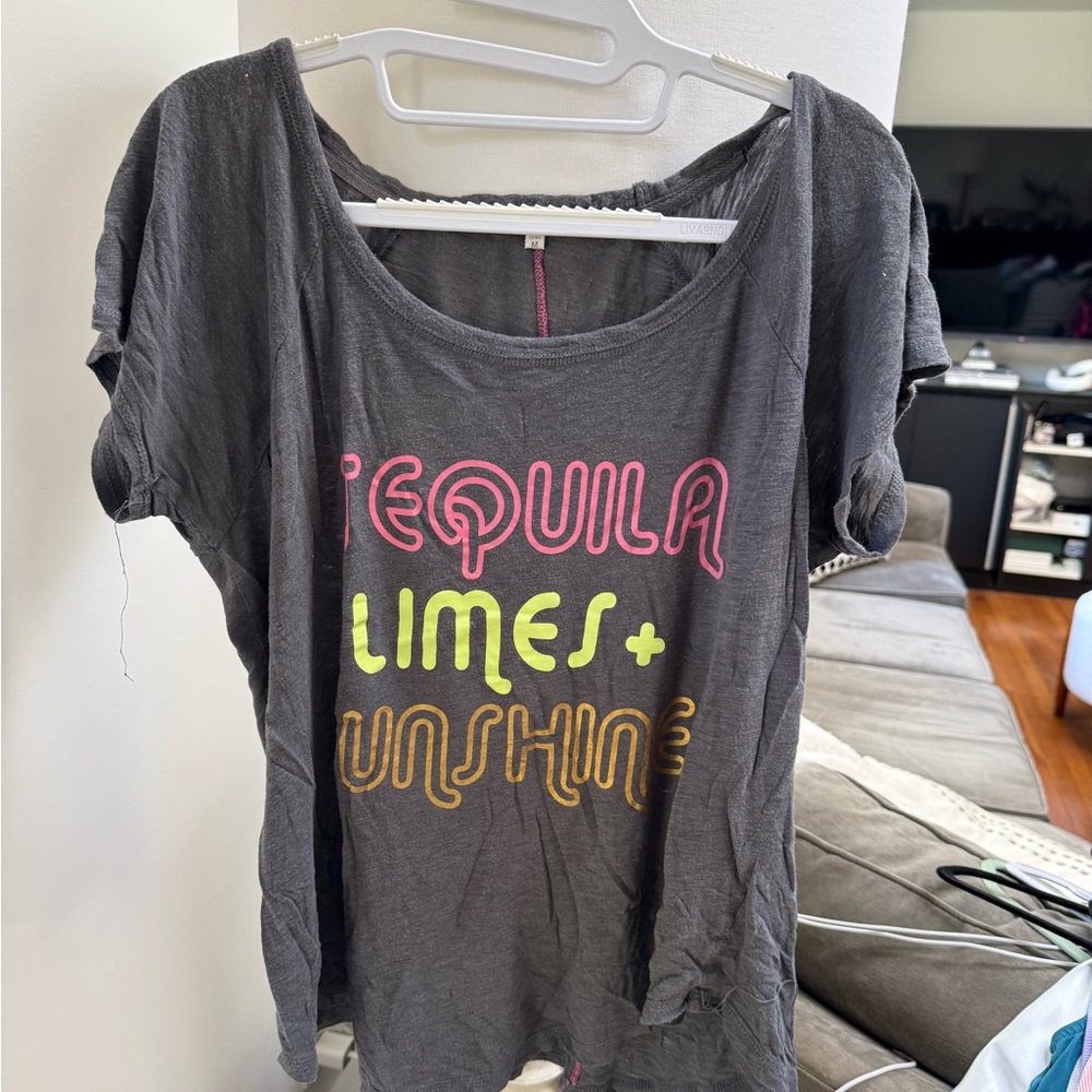 Gray Graphic Tee with Neon Pink, Lime and Yellow Print